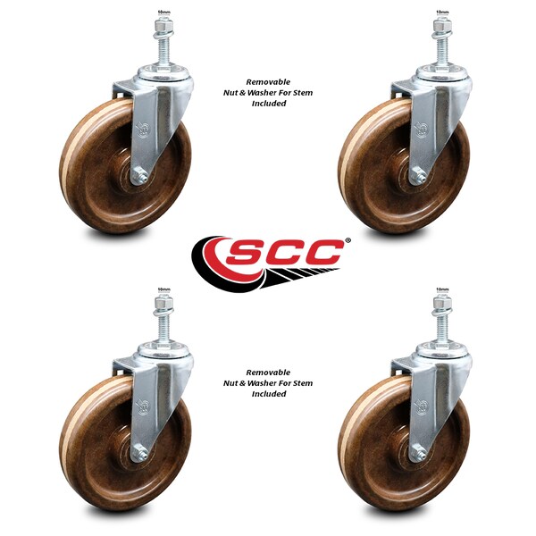 6 Inch High Temp Phenolic Wheel Swivel 12mm Threaded Stem Caster Set SCC